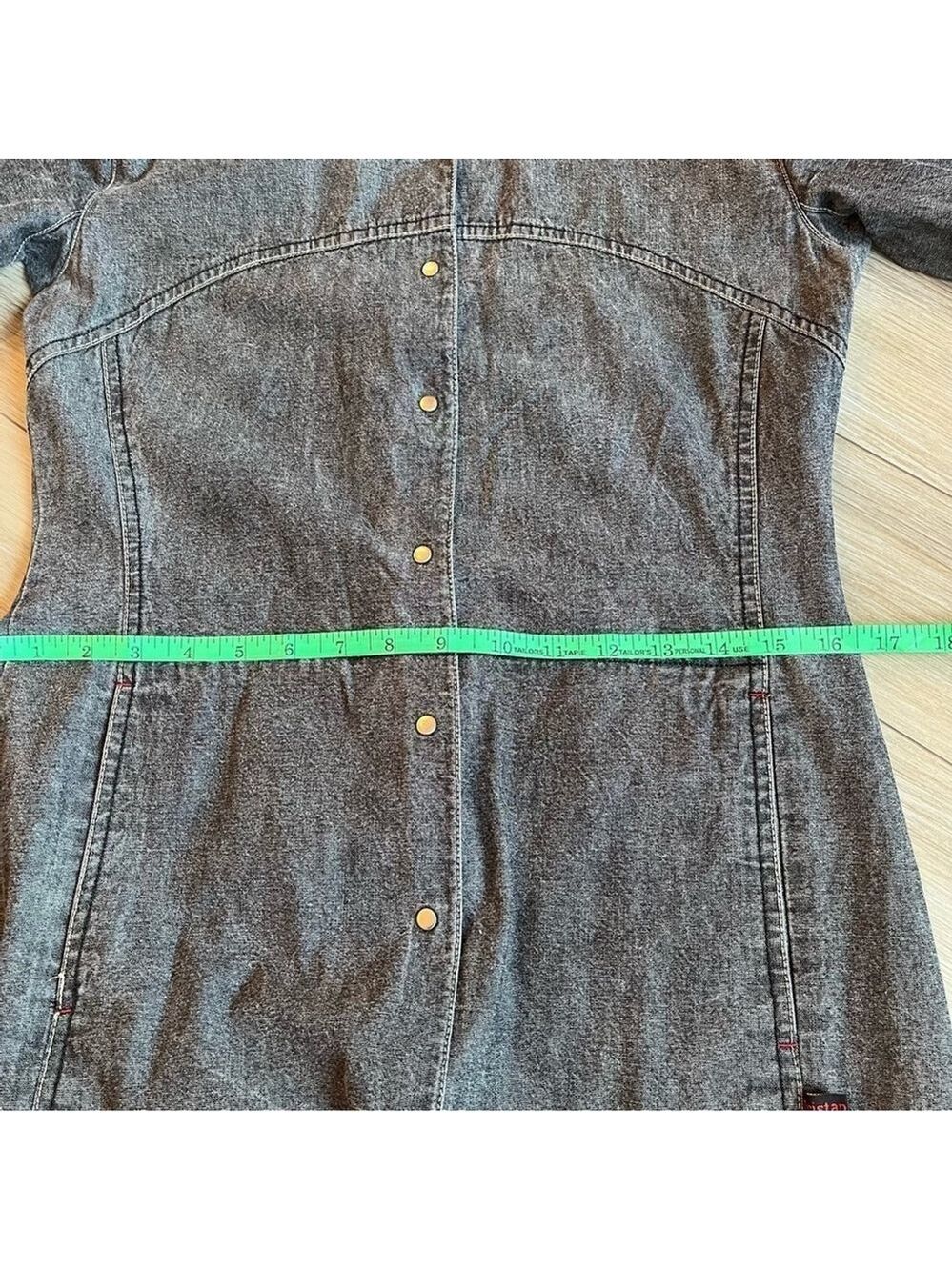 Midi Denim Shirt Dress Faded Black Jean Dress Red Trim Snap ButtonsTRISTAN Small - Picture 13 of 16